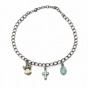 Charm Bracelet Cross Angel Religious Silver Tone Adjustable Dainty Faith Jewelry